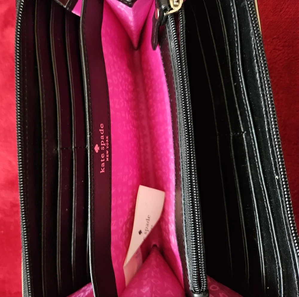 Kate Spade Black and Cream Striped Patent Leather Wallet